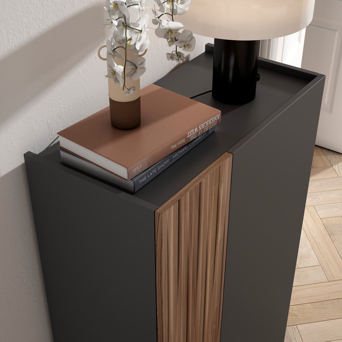Meuble à chaussures en placard, AKRA graphite-lattes noyer, HERDASA