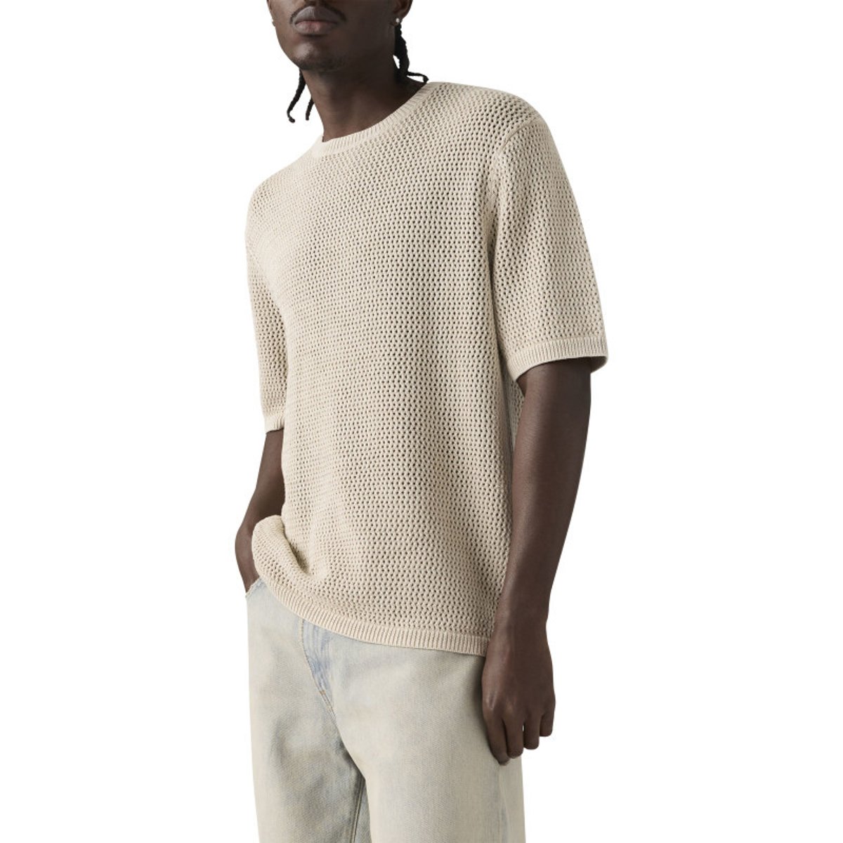 T-shirt en coton écru uni avec une coupe droite et un col rond bord côte beige, LEVI'S