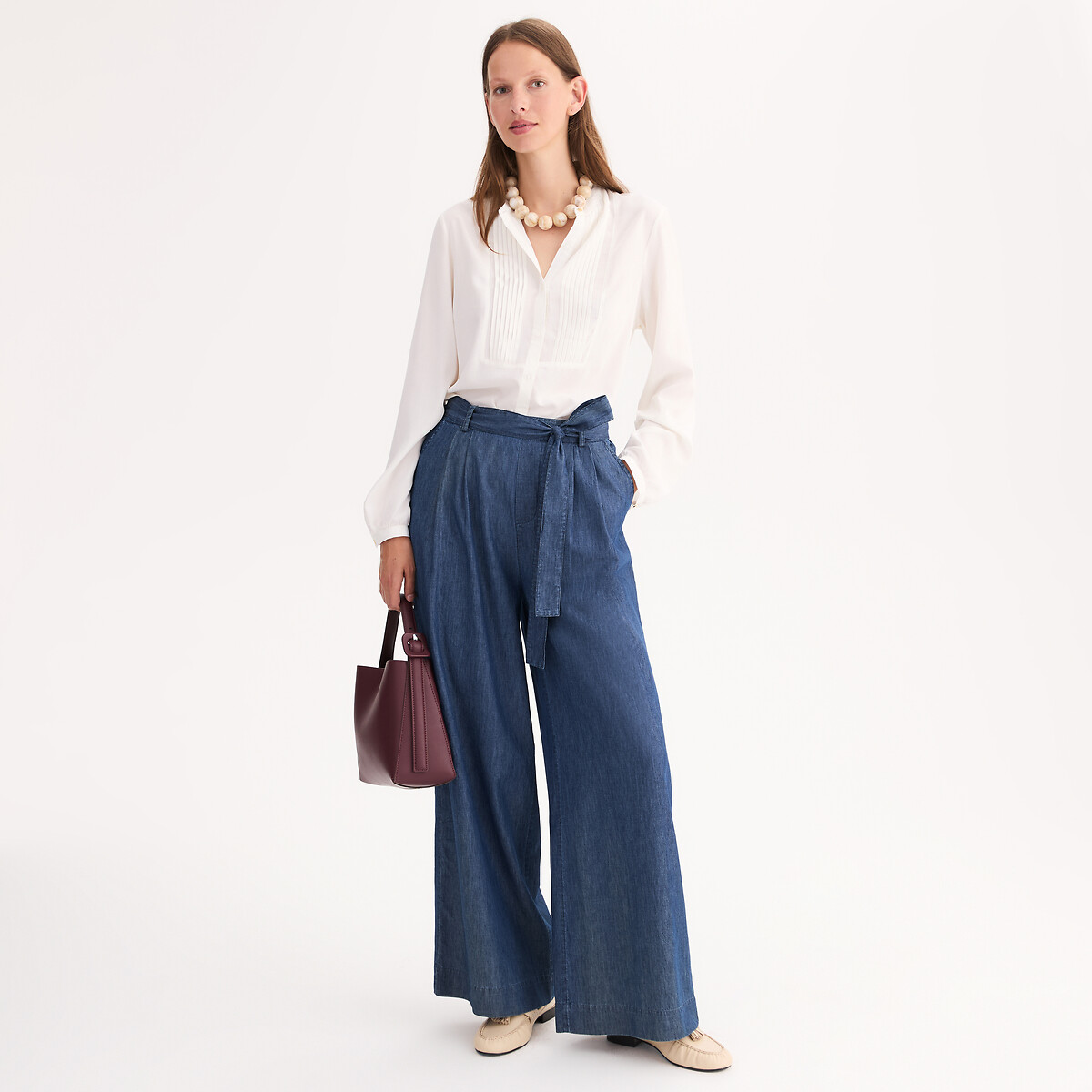 Jean large en denim light, ceinture à nouer bleu brut, ANNE WEYBURN