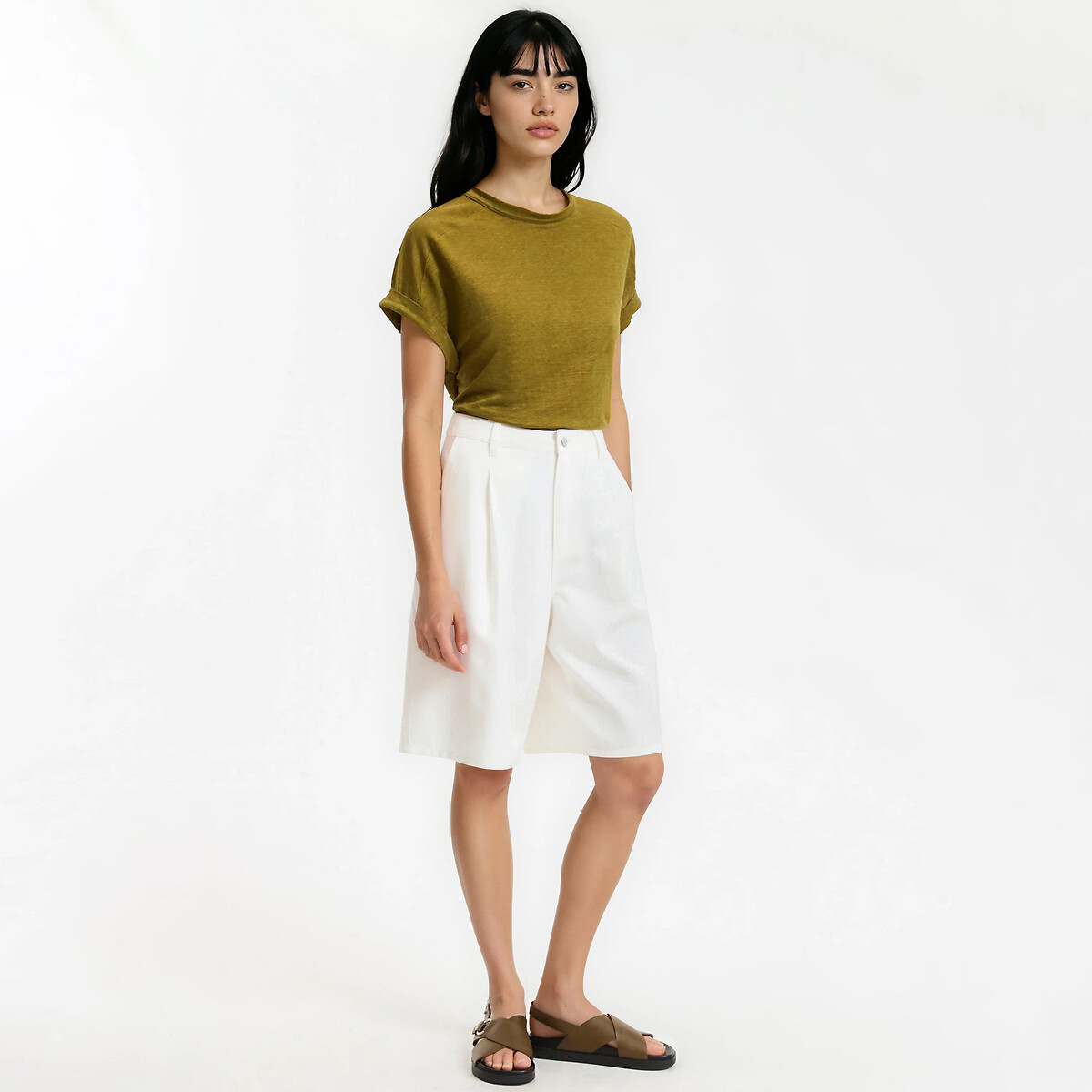 T-shirt col rond, à manches courtes, en lin vert kaki, LA REDOUTE COLLECTIONS