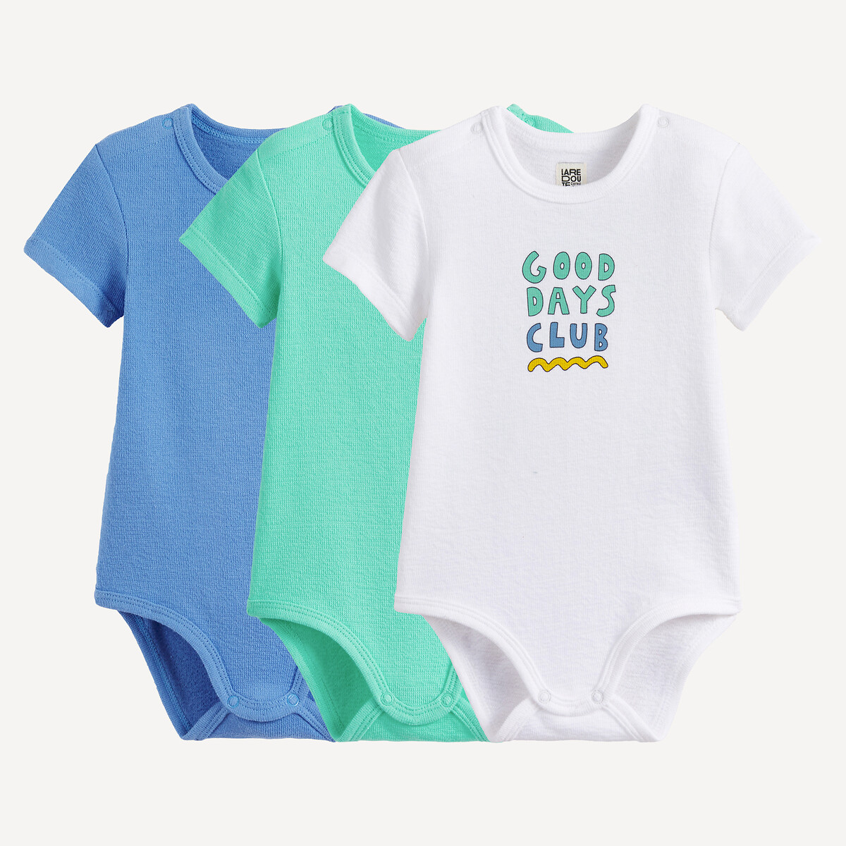 Lot de 3 bodies à manches courtes, en jersey reliéfé bleu/vert/blanc, LA REDOUTE COLLECTIONS