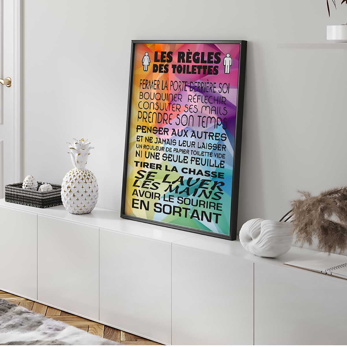 Affiche encadrée règles des toilettes version colorée affiche + cadre en métal - noir, HEXOA