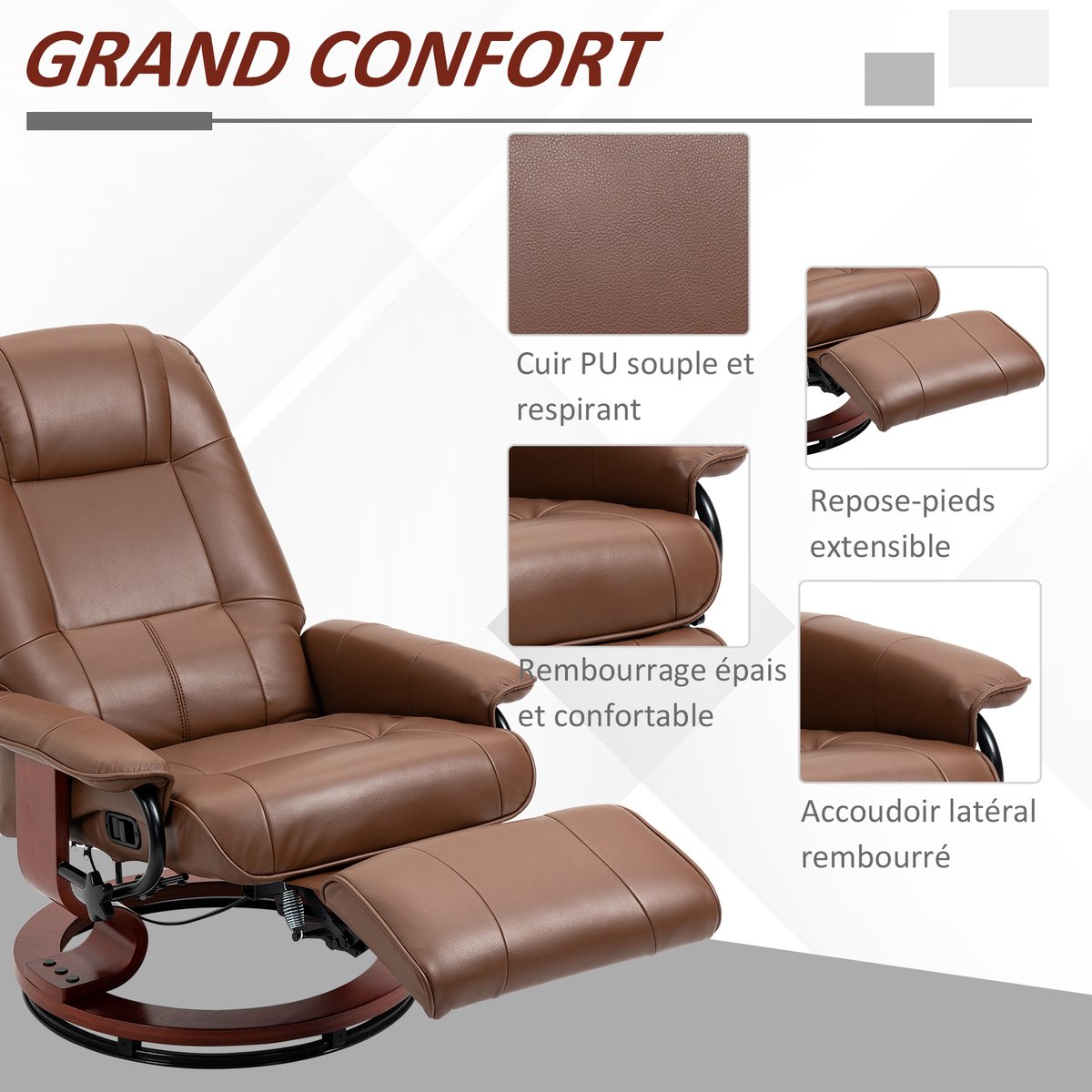 Fauteuil inclinable Revêtement synthétique marron, HOMCOM