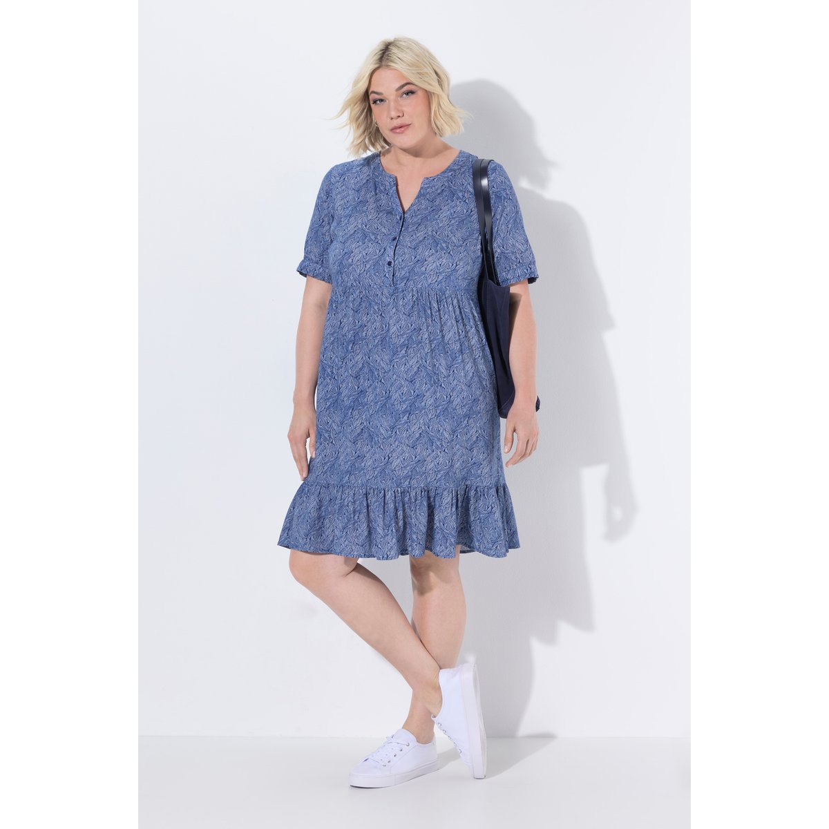 Robe motif feuilles, coupe évasée bleu encre, ULLA POPKEN