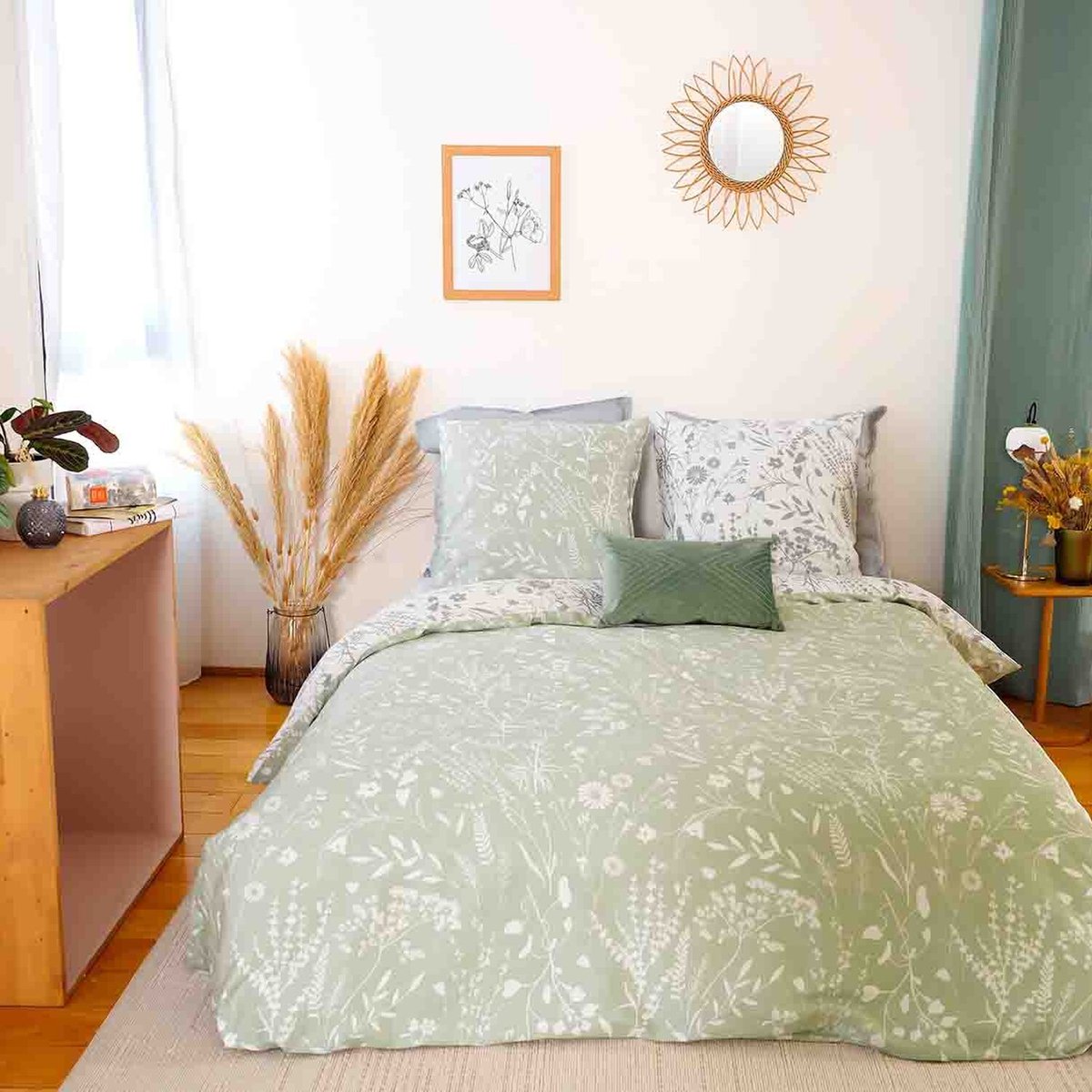 Parure housse de couette en satin de coton imprimée, Susie vert, C DESIGN HOME TEXTILE