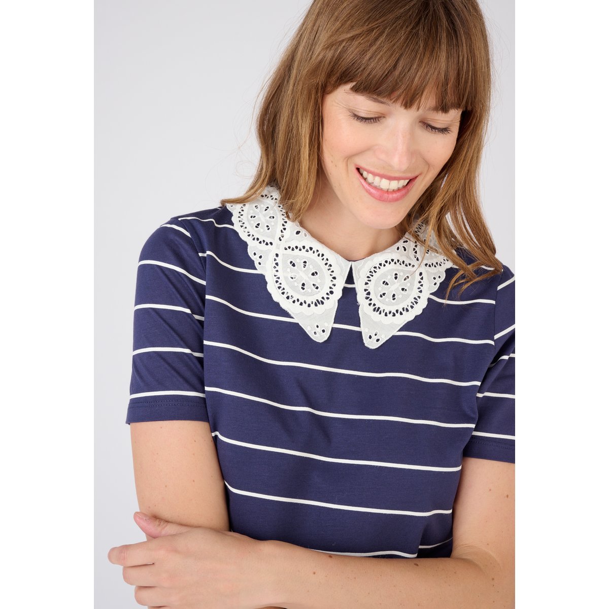 Tee-shirt col broderie anglaise bleu marine rayé, DAMART