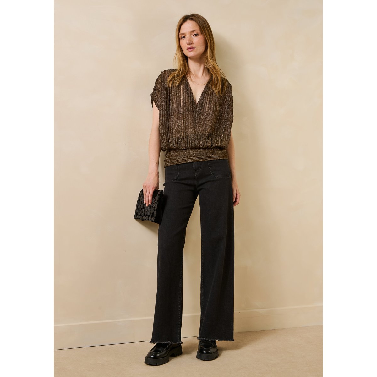 Jean flare taille haute en coton biologique noir, LA FEE MARABOUTEE