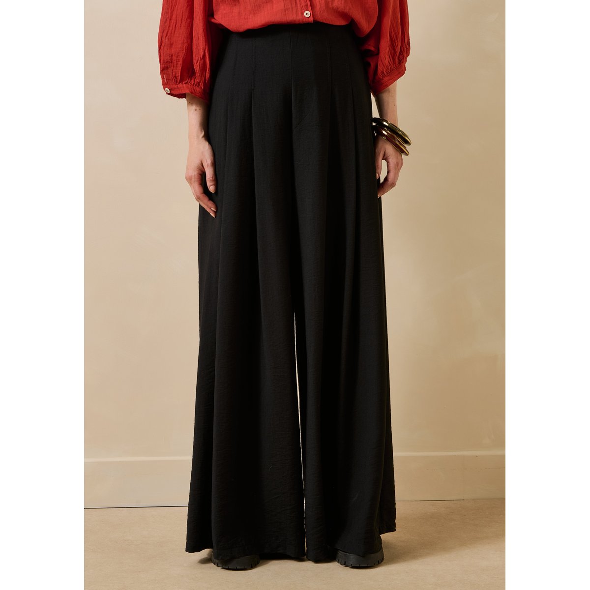 Pantalon large taille haute élastiquée noir, LA FEE MARABOUTEE