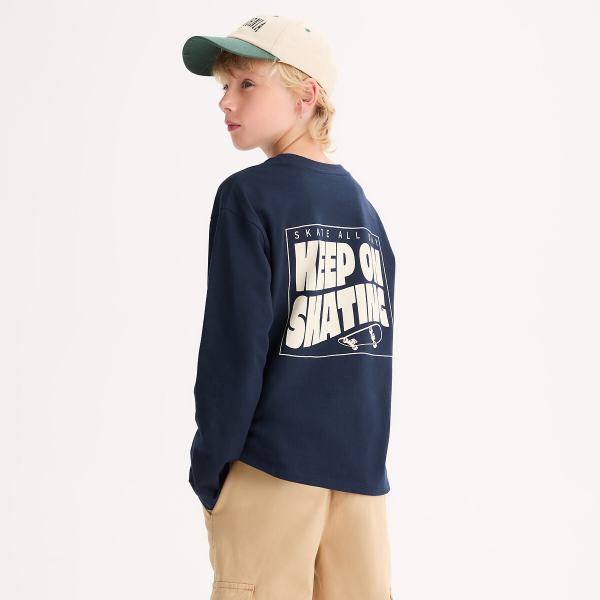 T-shirt manches longues imprimé devant et au dos bleu marine, LA REDOUTE COLLECTIONS