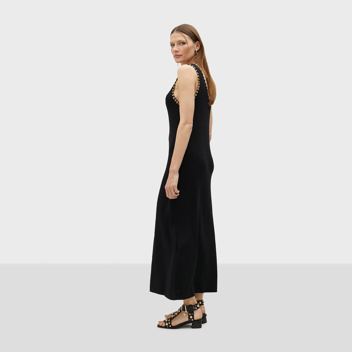 Robe longue moulantes avec œillets métalliques décoratifs noir, LOLA CASADEMUNT