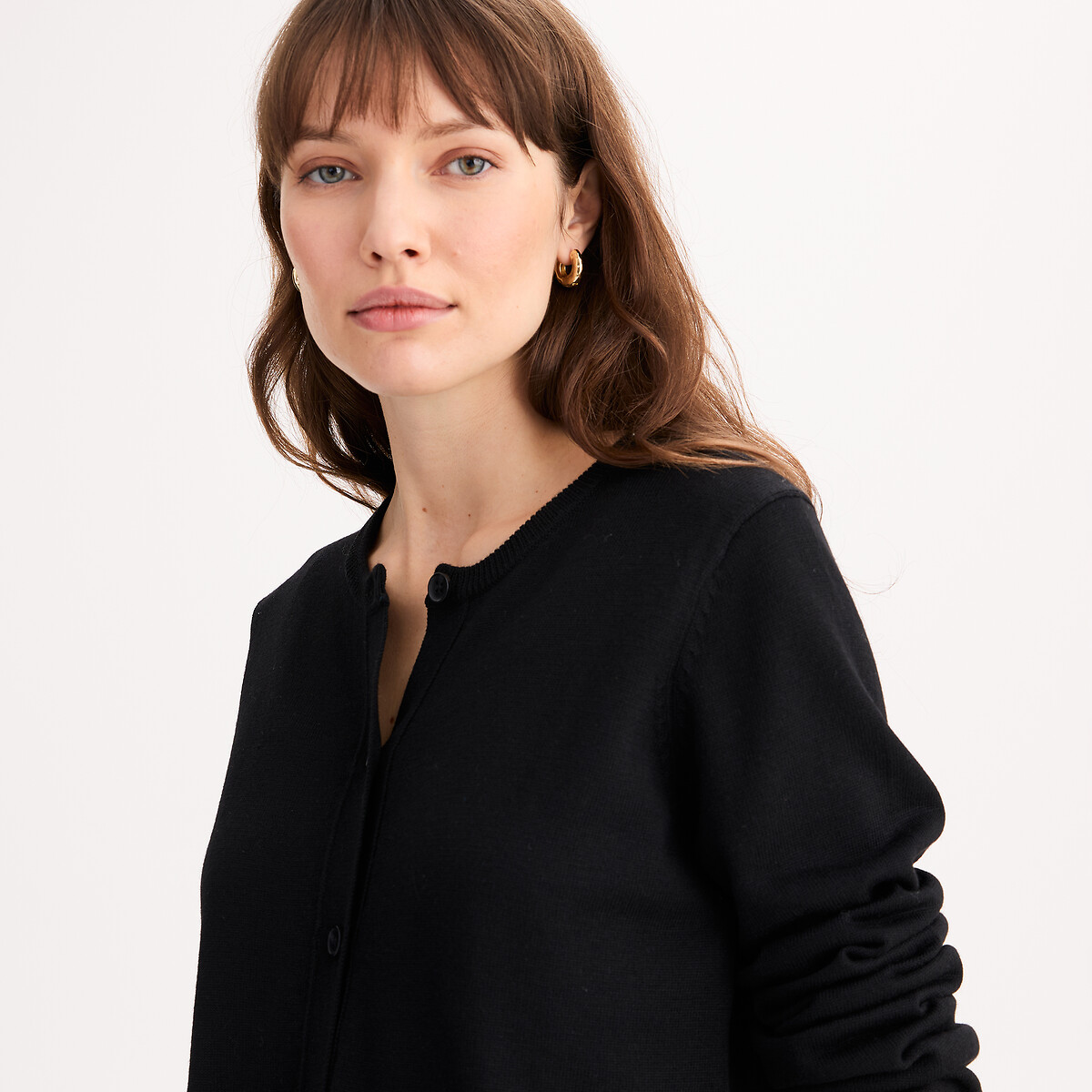 Cardigan col rond en fine maille, en laine mélangée noir, ANNE WEYBURN