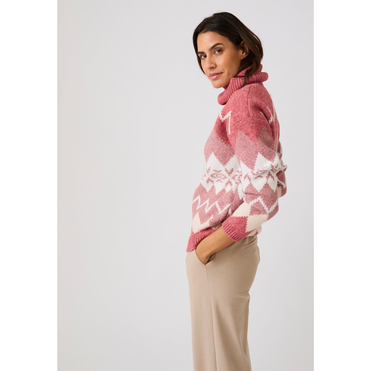 Pull jacquard col roulé Thermolactyl rose jacquard, DAMART