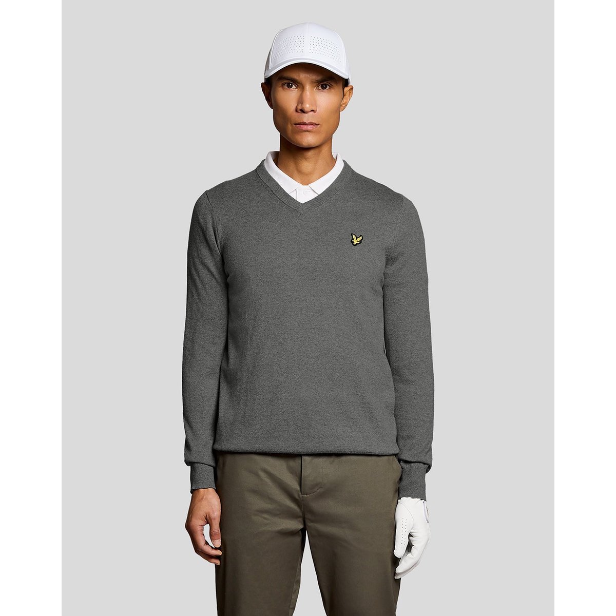 Pull en mélange de coton col V gris moyen chiné, LYLE & SCOTT