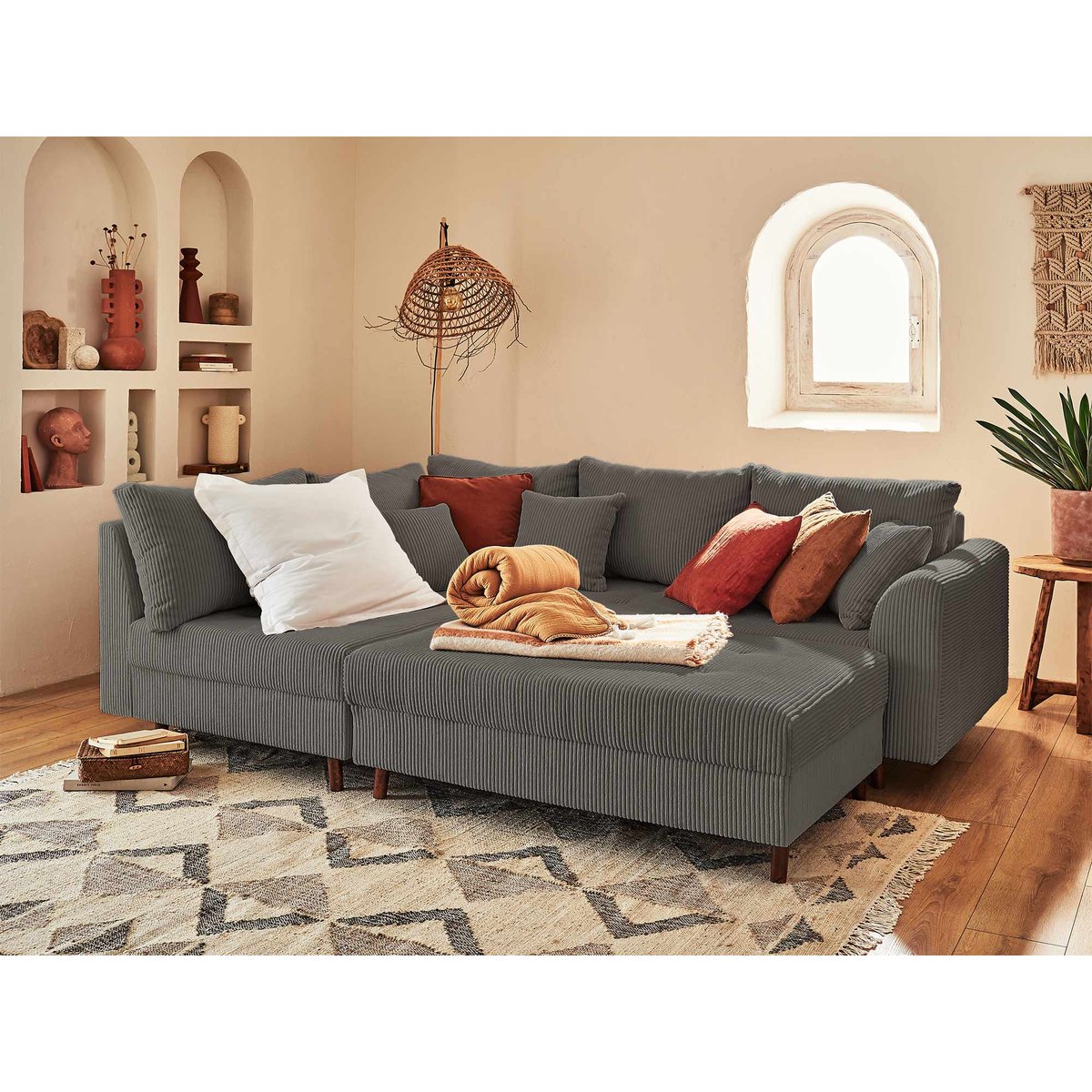 Canapé d'Angle gauche 4 places + pouf places - RUNE gris foncé, BEST MOBILIER