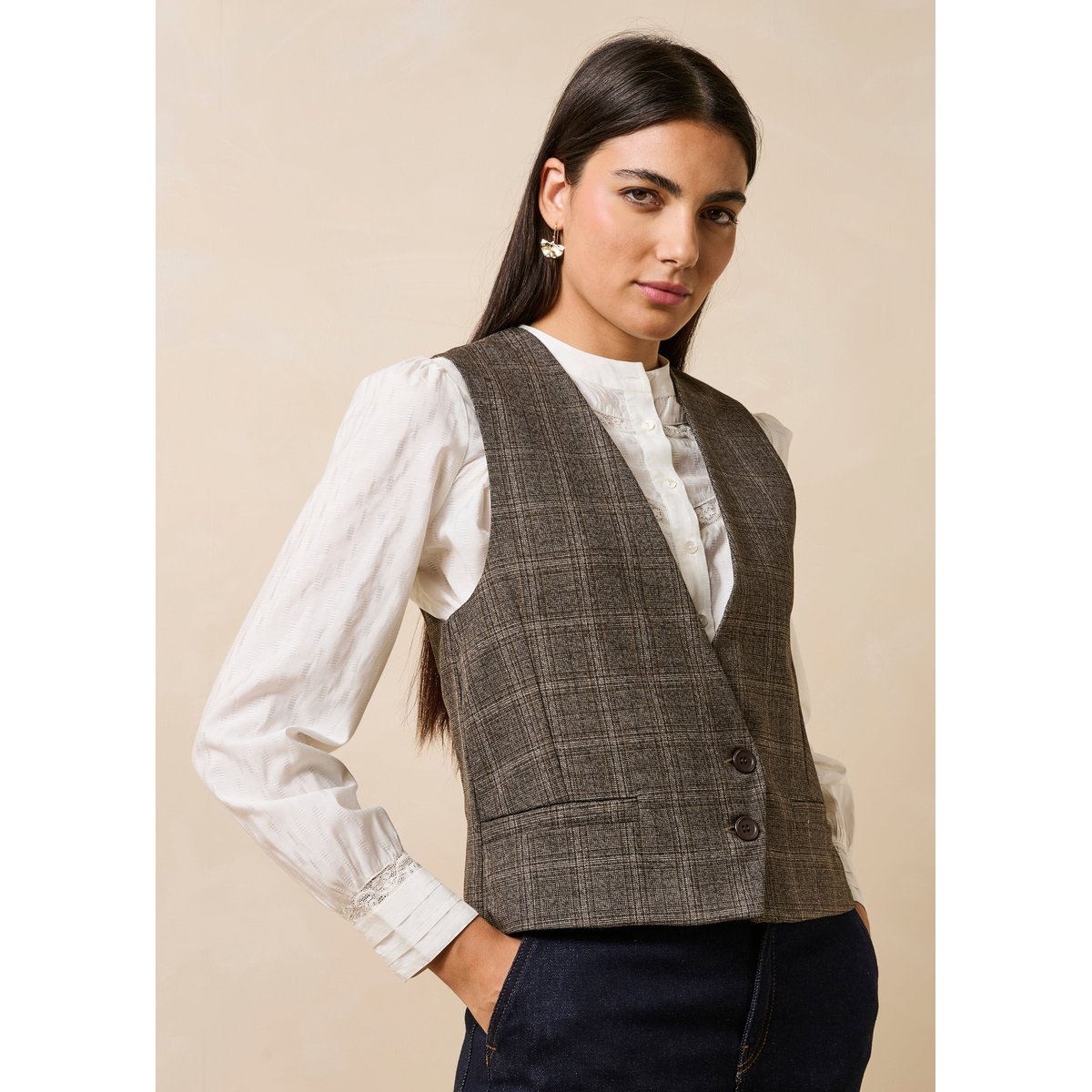 Veste sans manches col V à carreaux marron, LA FEE MARABOUTEE