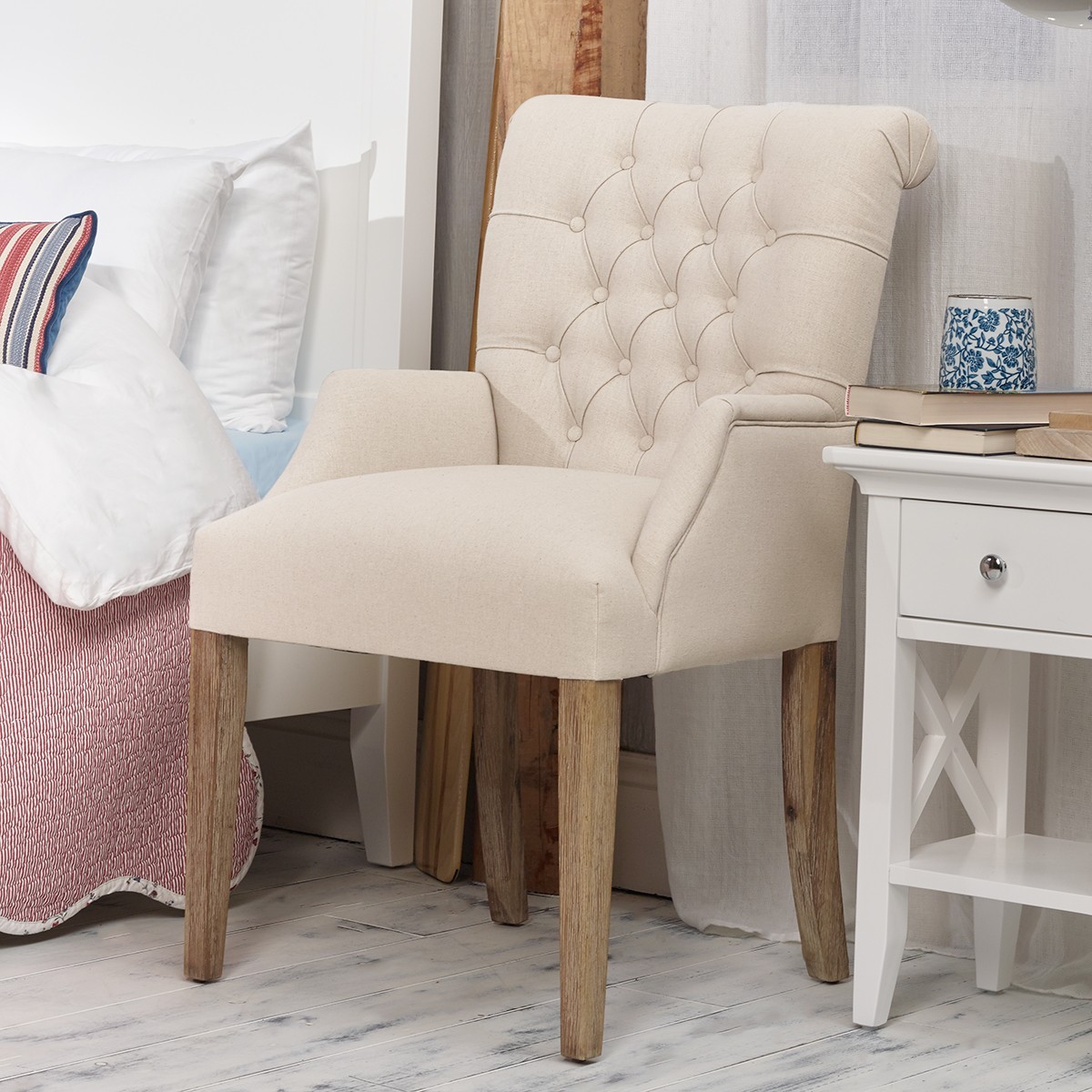 Fauteuil de table capitonné style contemporain en hévéa et lin coton AGATA ficelle, ROBIN DES BOIS