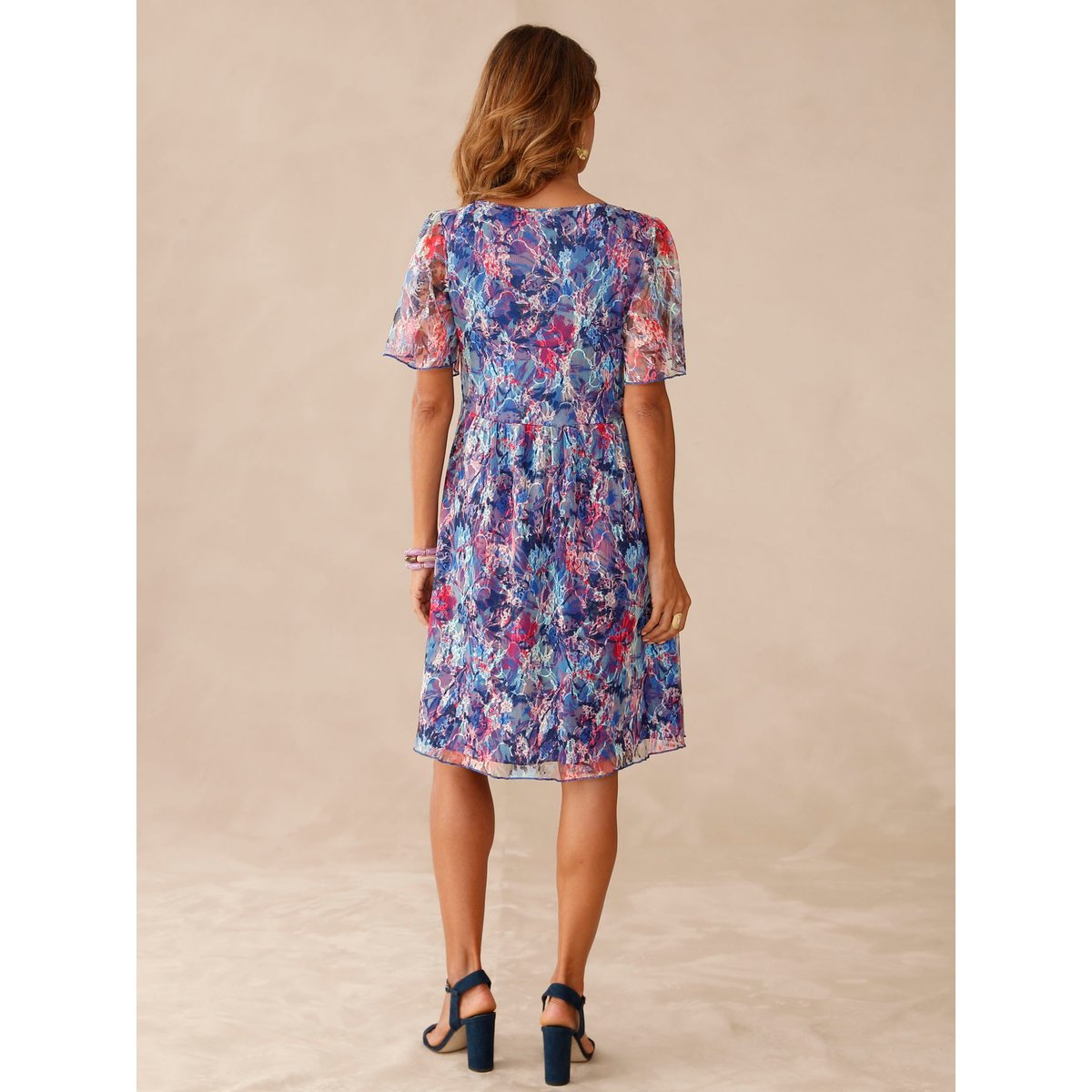 Robe dentelle manches volantées imprimé bleu, DAXON