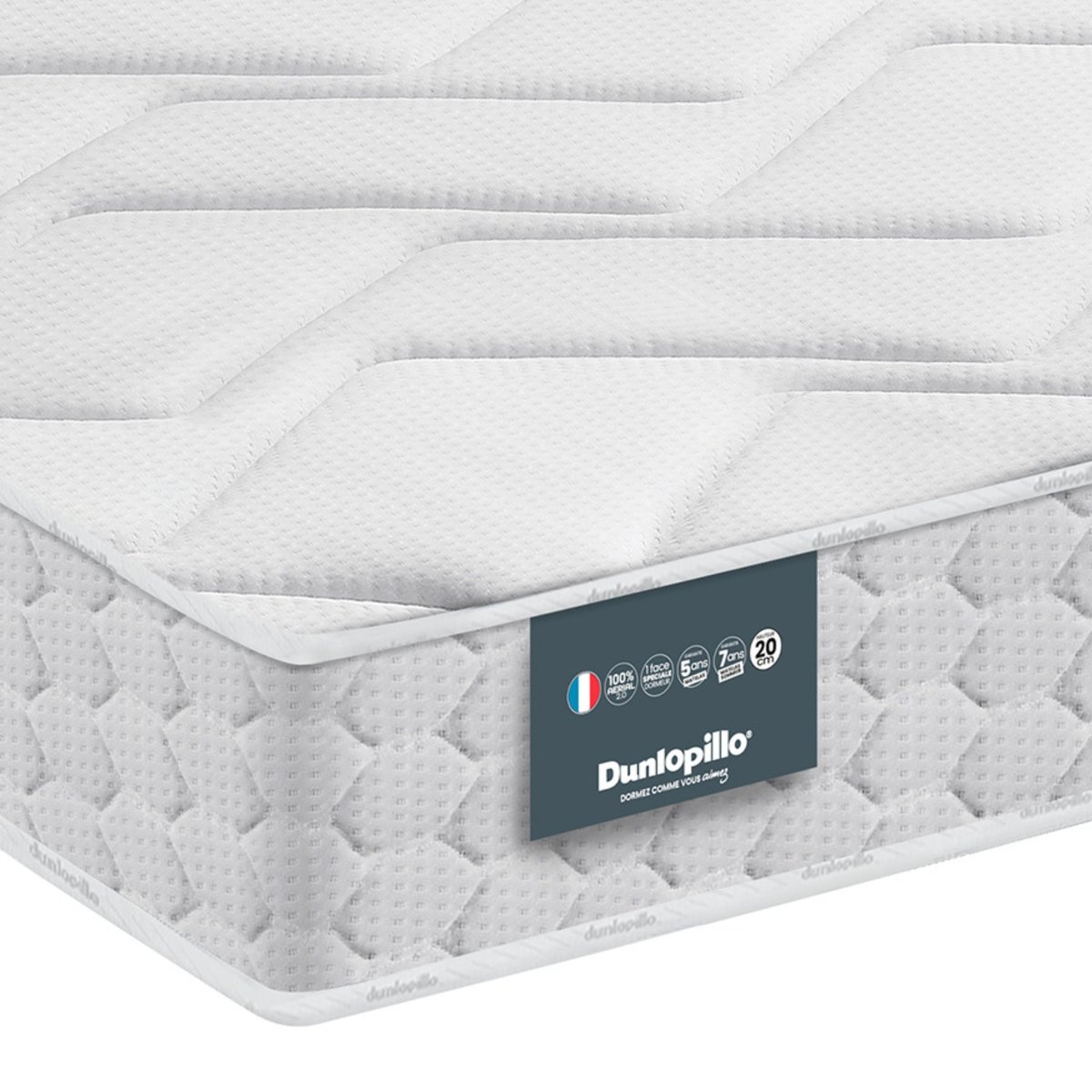 Matelas Aérial® 20cm, sommier pieds JONQUILLE blanc, DUNLOPILLO
