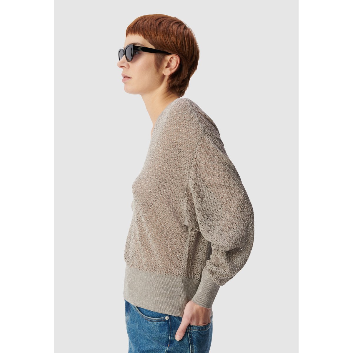 Pull tricot fantaisie pailleté ajouré beige foncé, IKKS