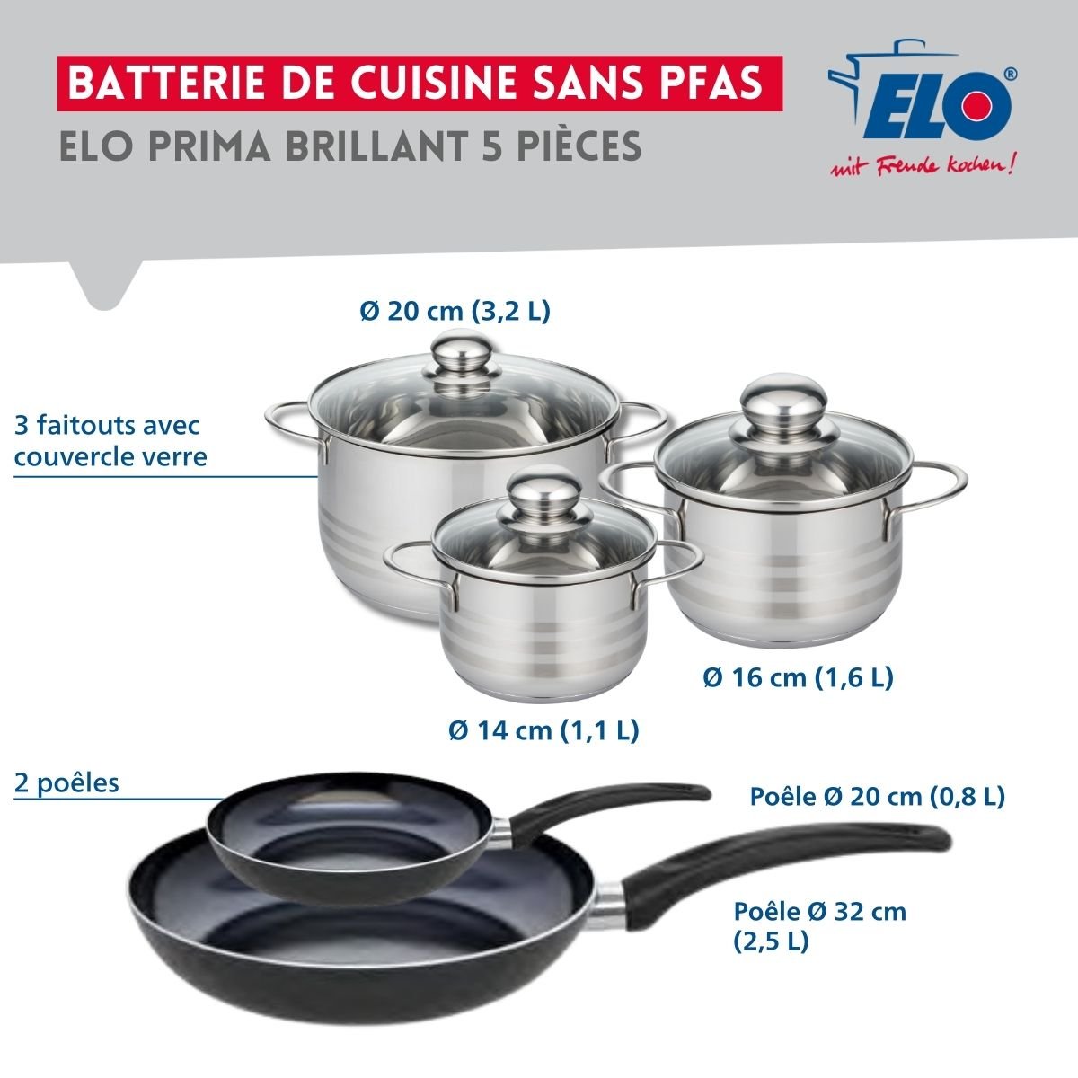 Batterie 2 poêles 20/32cm + 3 faitouts 14/16/20cm PRIMA BRILLANT noir, ELO