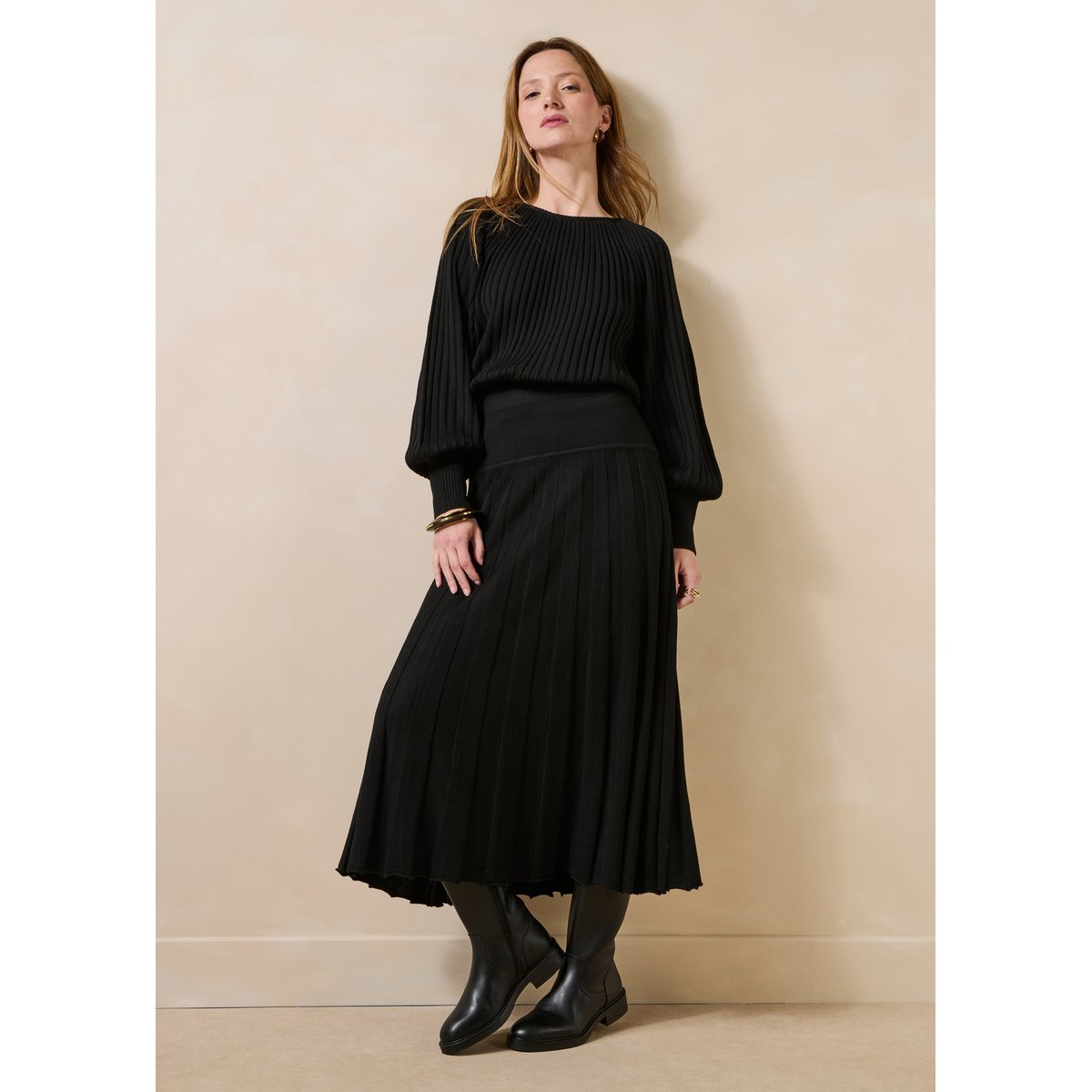 Pull en maille plissée manches longues noir, LA FEE MARABOUTEE