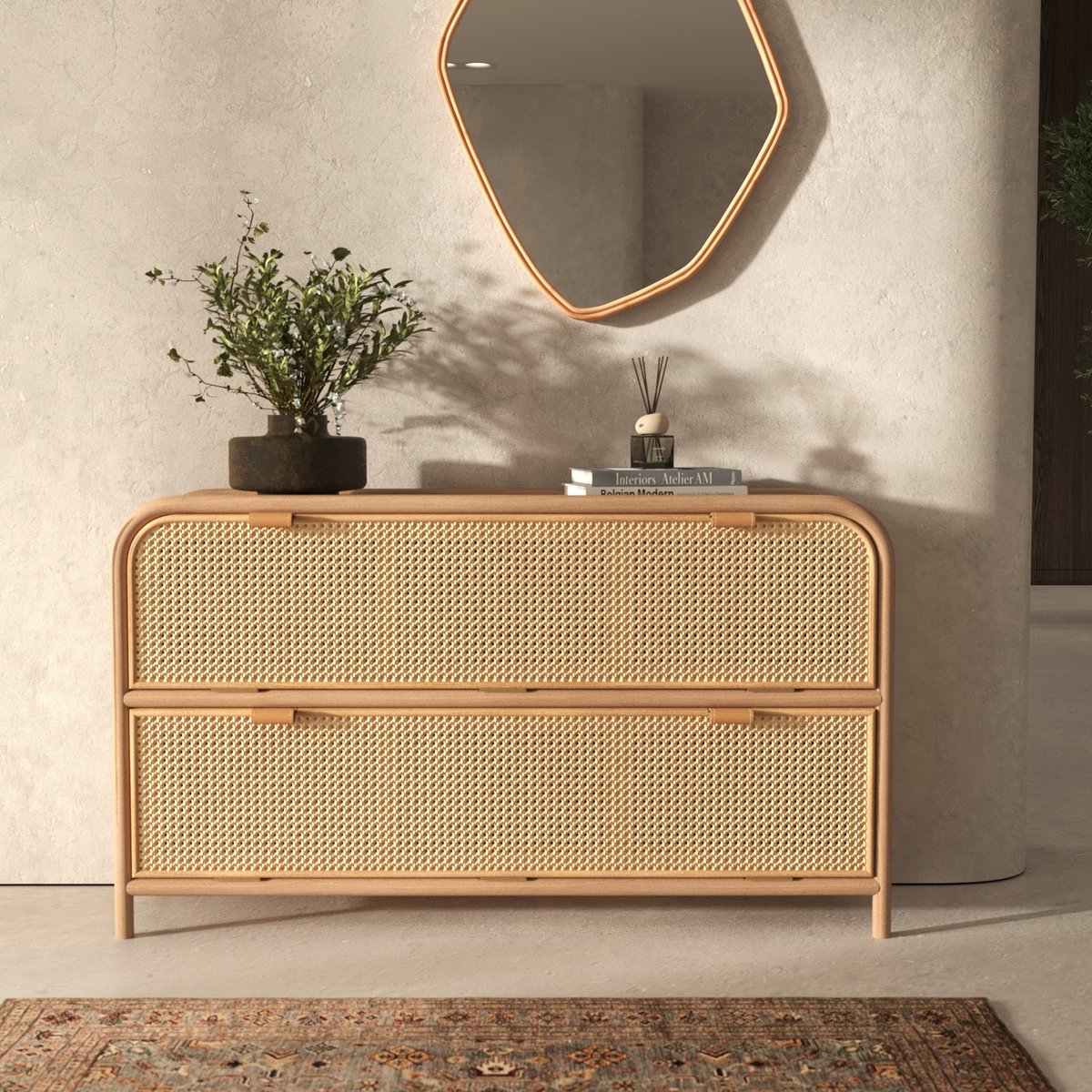 Commode en rotin massif, 2 portes abattantes - ALATA marron clair, MAISON PAVANE