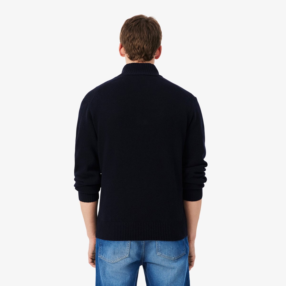 Pull zippé uni col montant laine bleu-166, LACOSTE