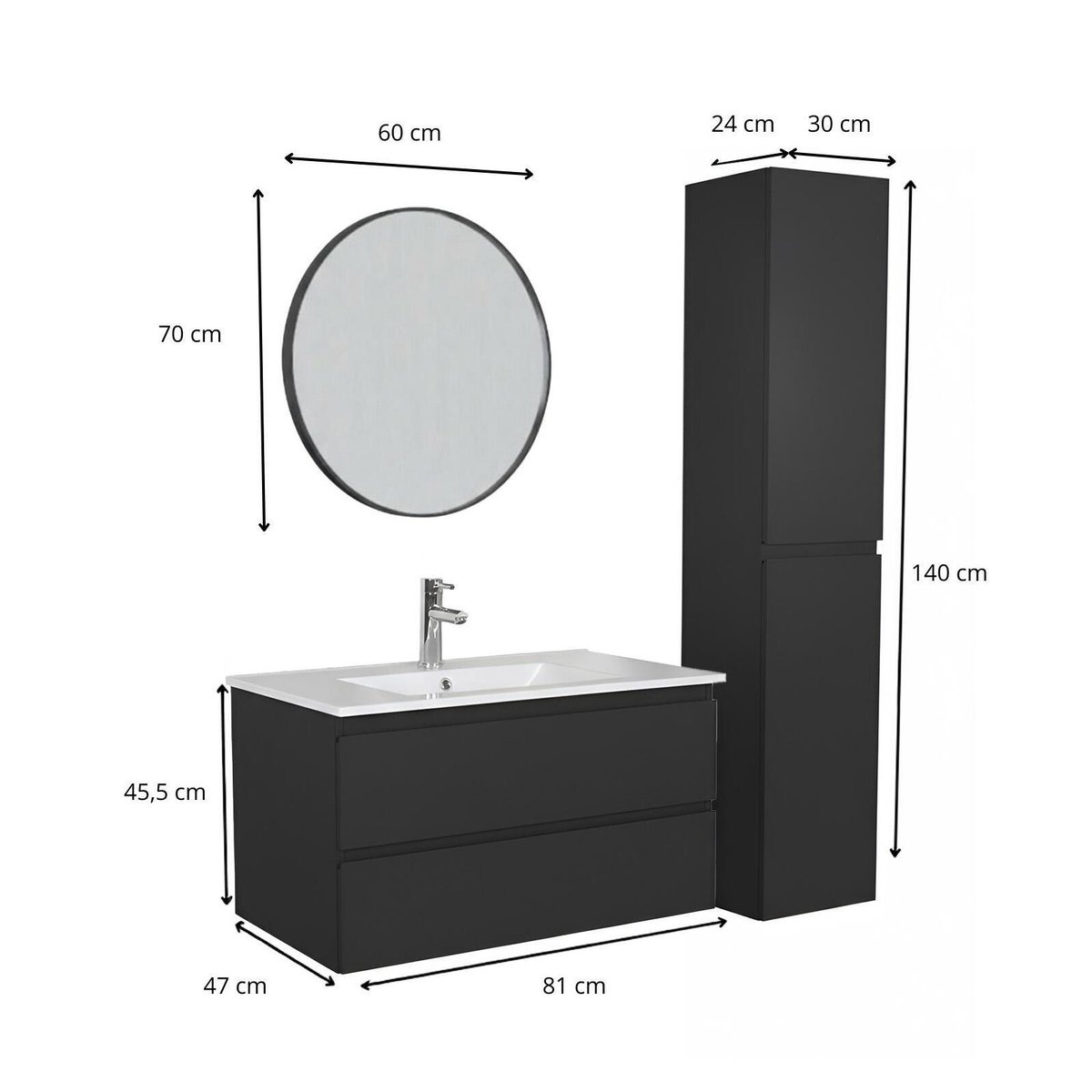Ensemble meuble simple vasque 80cm SORRENTO noir satiné, MOB IN