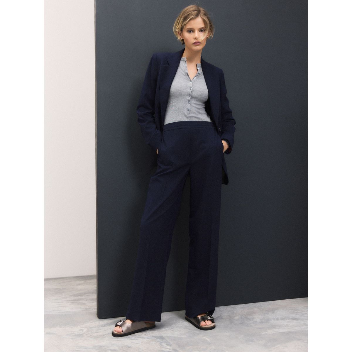 Pantalon large ajusté bleu marine, NEXT