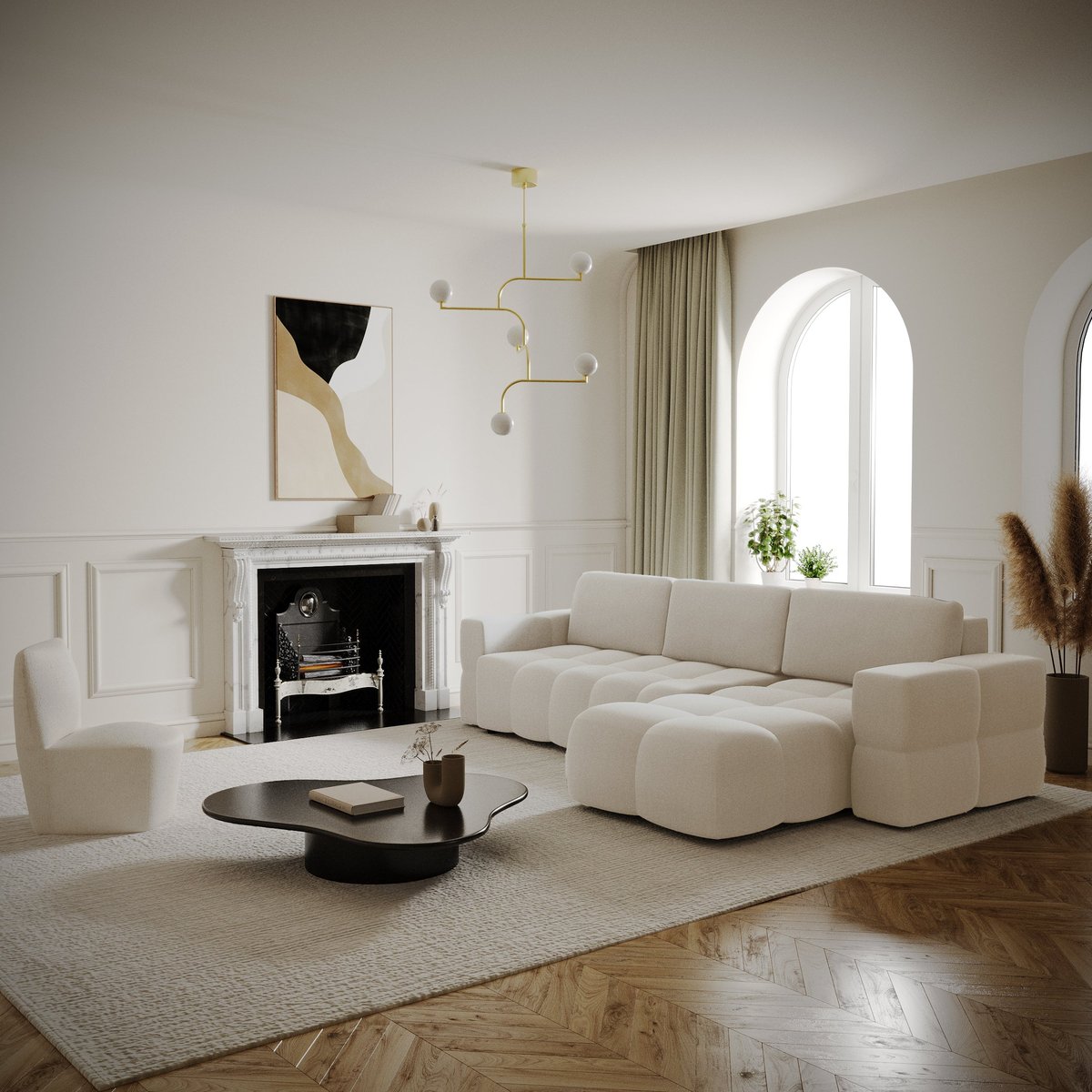 Canapé d'angle droit convertible 5 places en tissu tramé GABRIEL crème, SIA HOME
