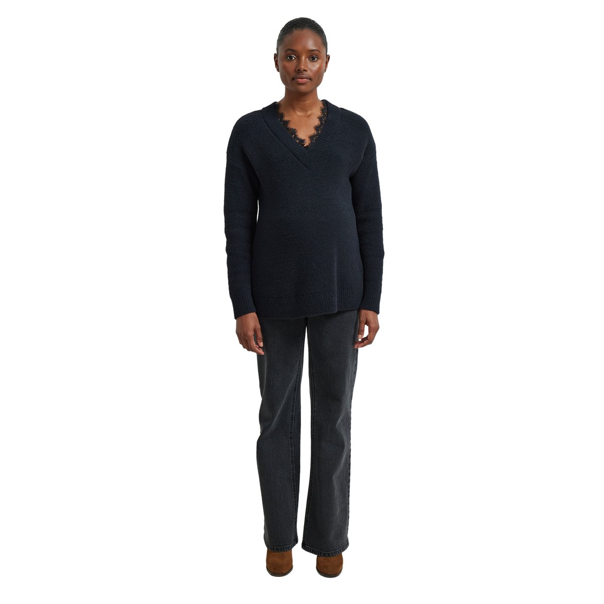 Pull col V grossesse maille mousseuse et dentelle noir, VERTBAUDET