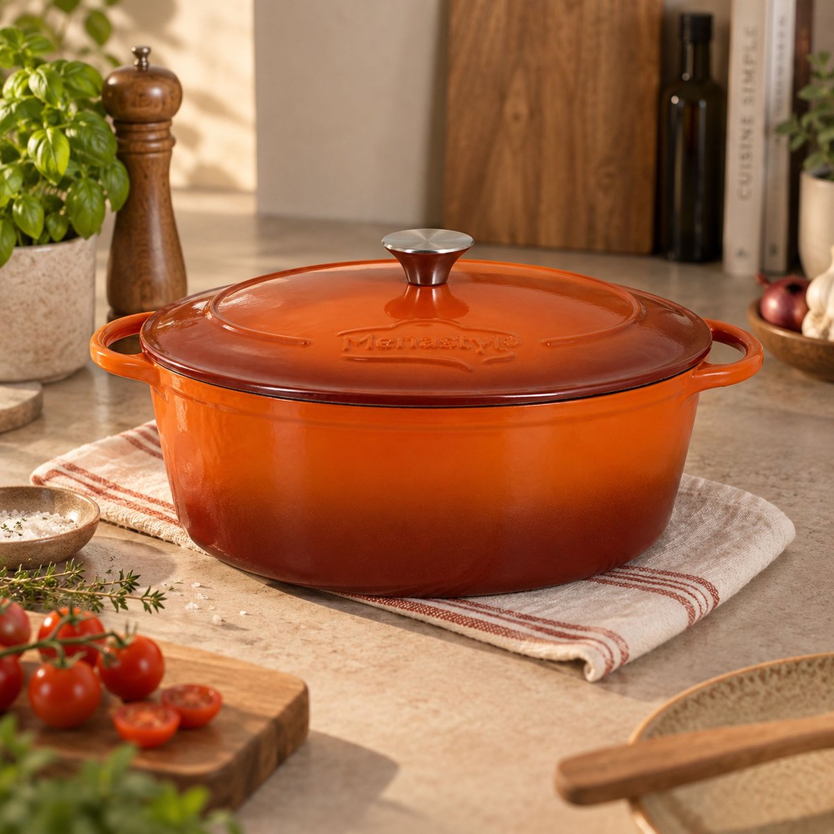 Cocotte ovale 4L en fonte émaillé, MONTAGNE marron-orange, MENASTYL