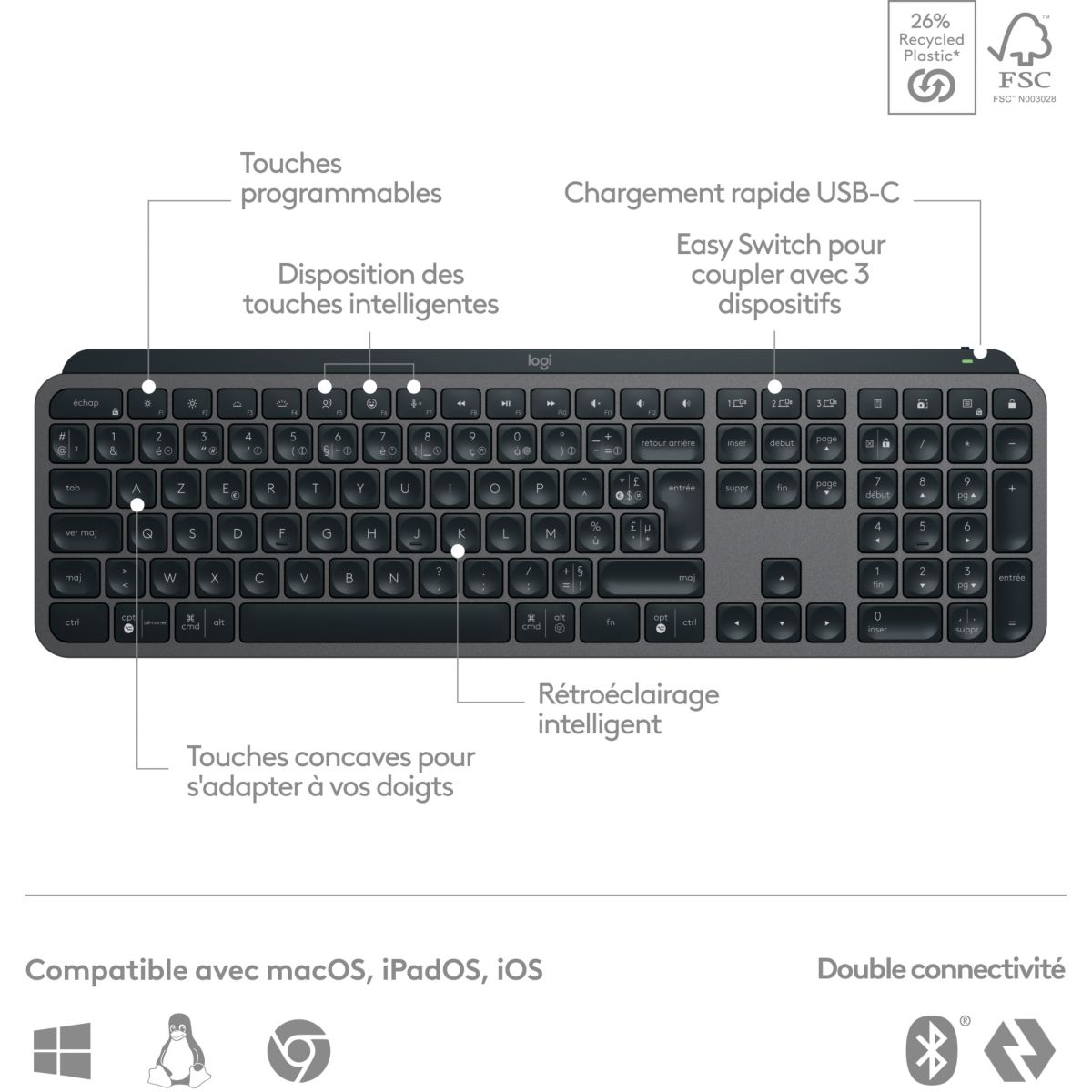 Clavier sans fil MX Keys S Silencieux Graphite couleur unique, LOGITECH