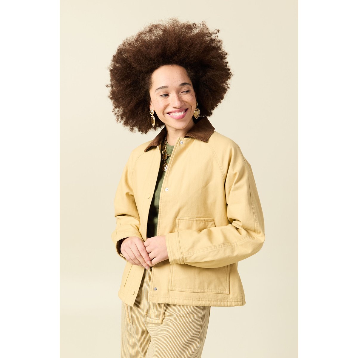 Veste oversize mi-longue en coton beige, BONOBO