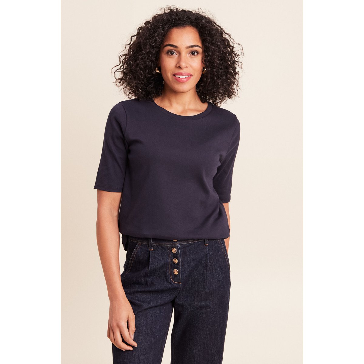T-shirt ajusté col rond manches coudes bleu foncé, BREAL