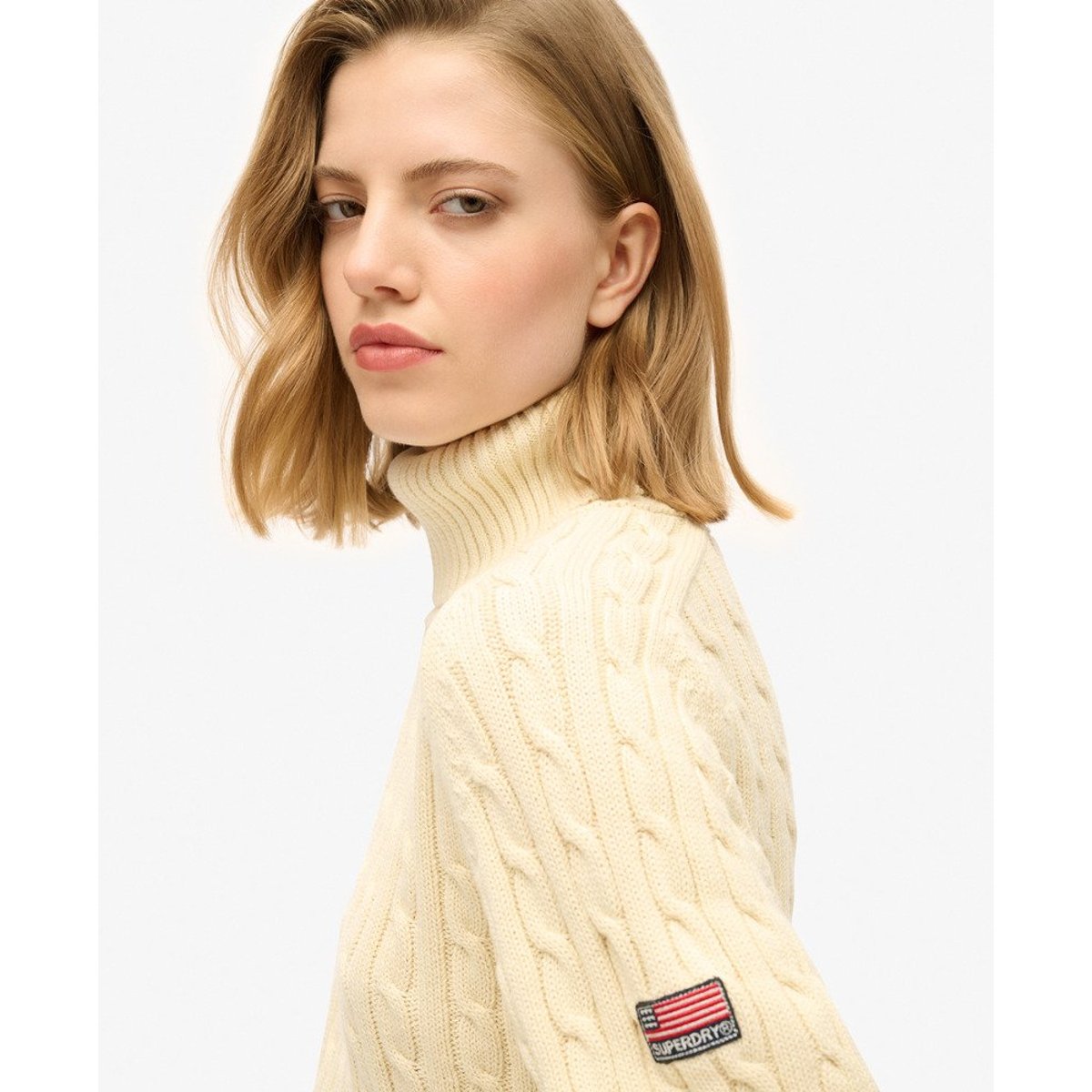 Pull à col roulé en maille torsadée décontracté blanc naturel, SUPERDRY