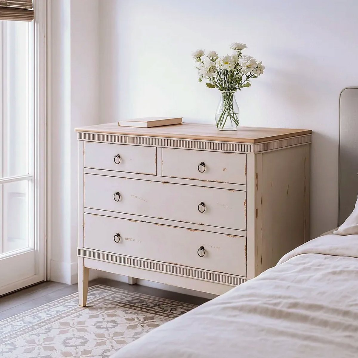 Commode classique 4 tiroirs bois beige crème 115x45x90cm beige, WADIGA