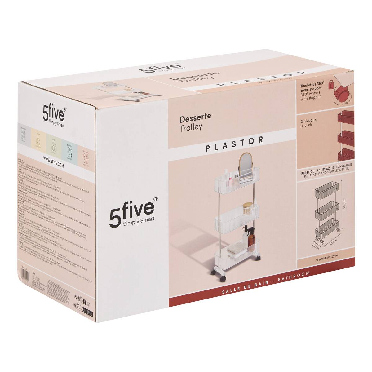 Desserte étroite 3 niveaux à roulettes transparent, 5FIVE SIMPLY SMART