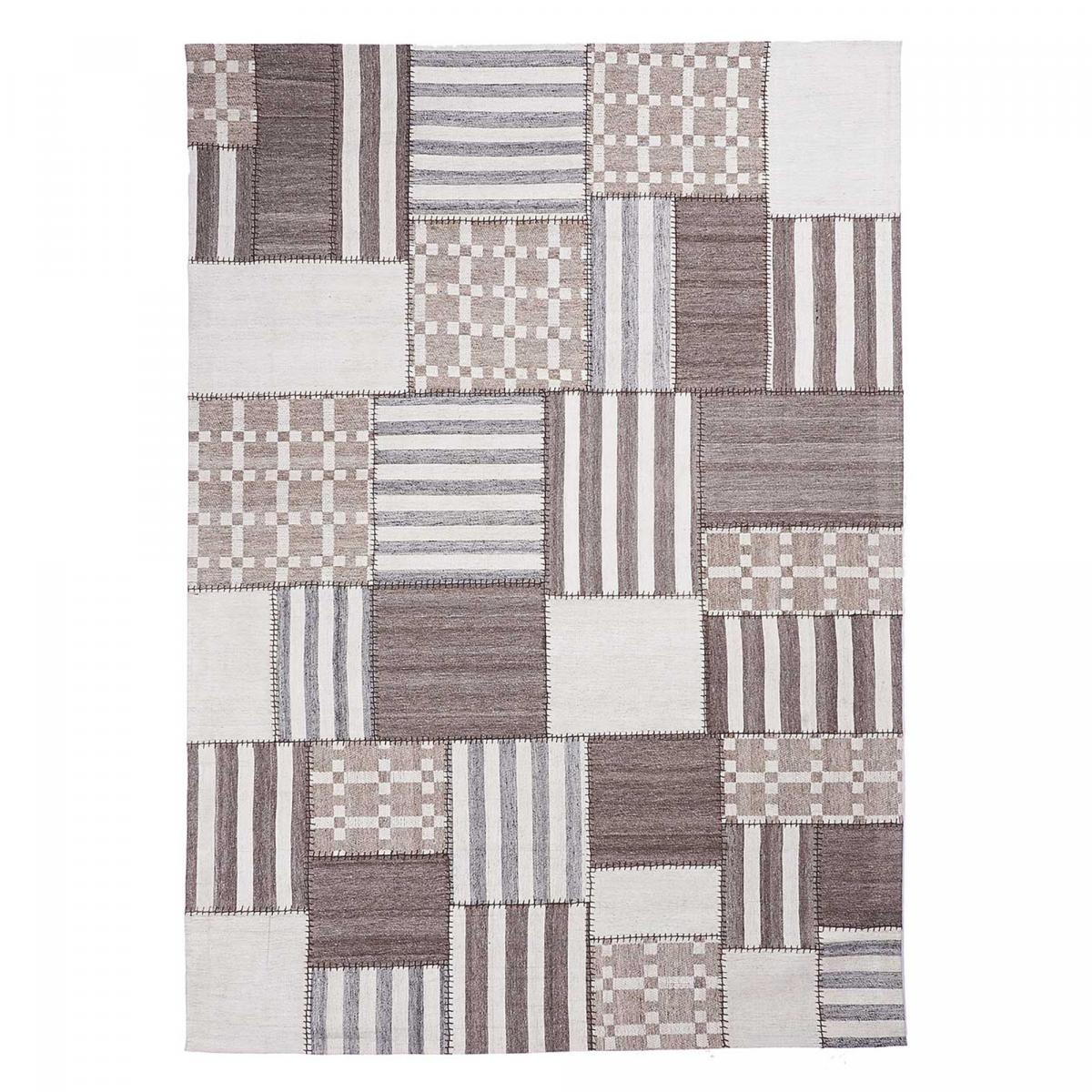 Tapis kilim PATCHWINDIA, fait à la main en laine motif géométrique ivoire, UN AMOUR DE TAPIS