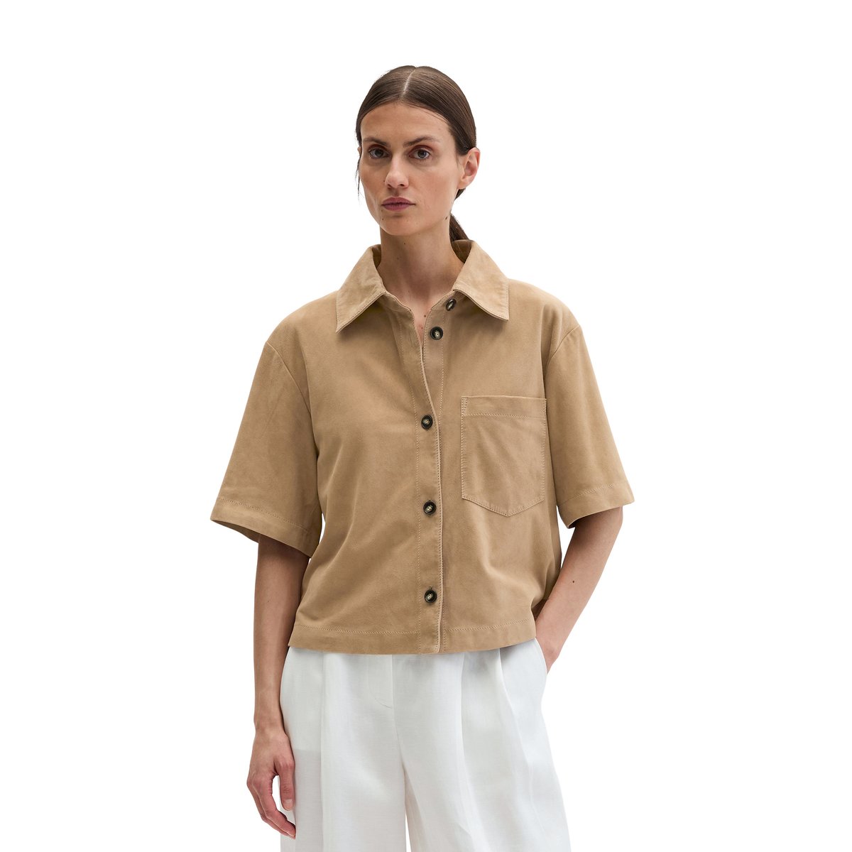 Chemise en cuir regular en cuir velours de chèvre souple beige, MARC O'POLO