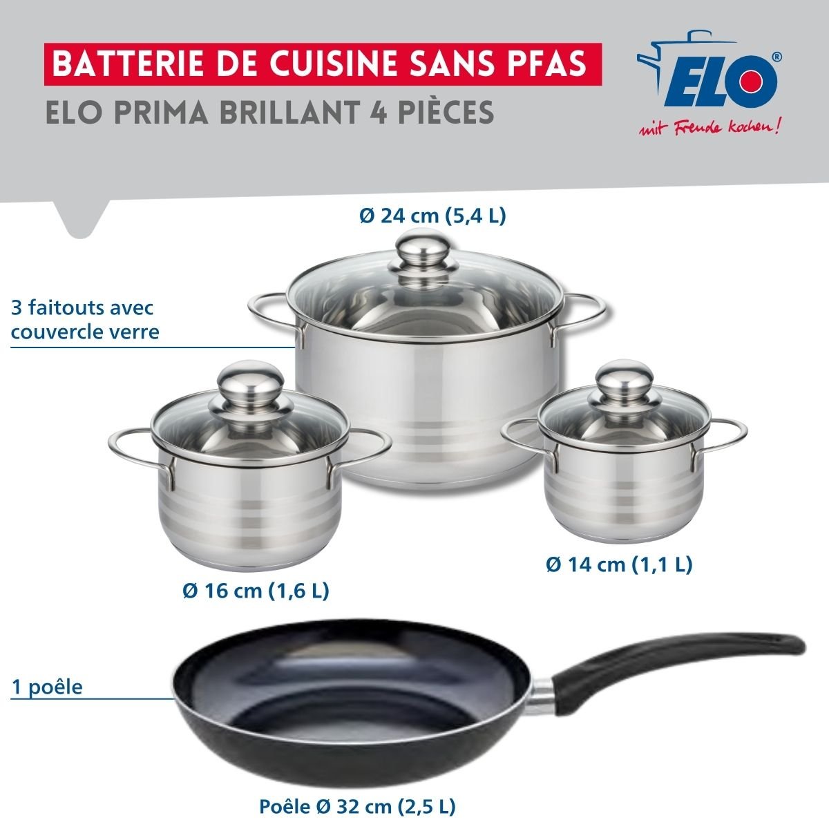 Batterie 1 poêle 32cm + 3 faitouts 14/16/24cm PRIMA BRILLANT noir, ELO
