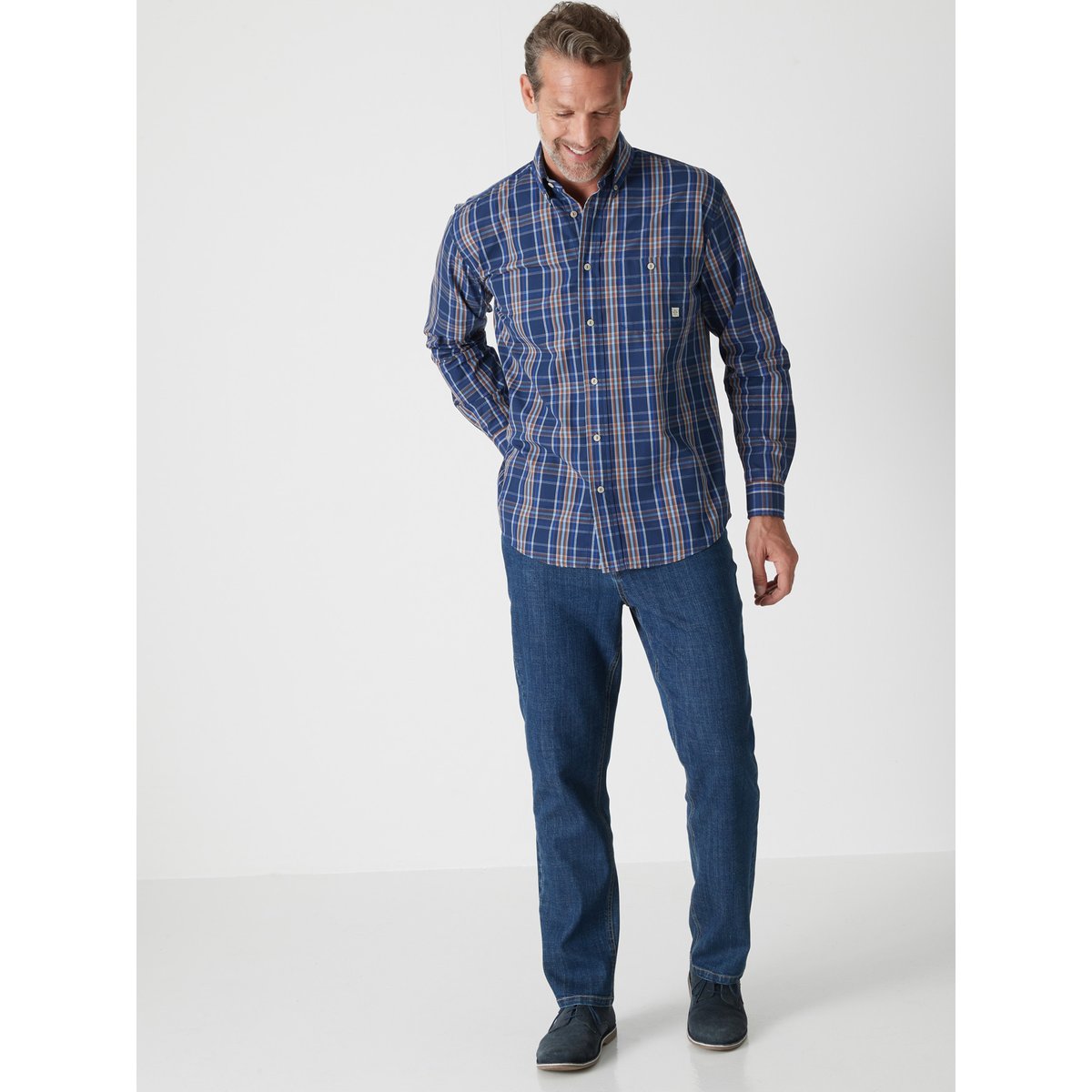 Chemise manches longues à carreaux bleu carreaux rayé bleu, DAXON
