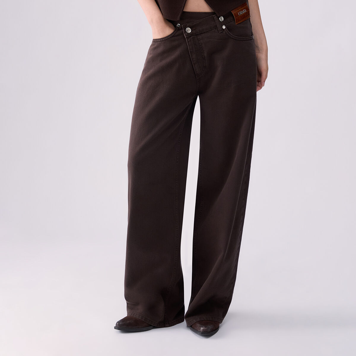 Pantalon droit avec ceinture asymétrique marron foncé, LIU JO
