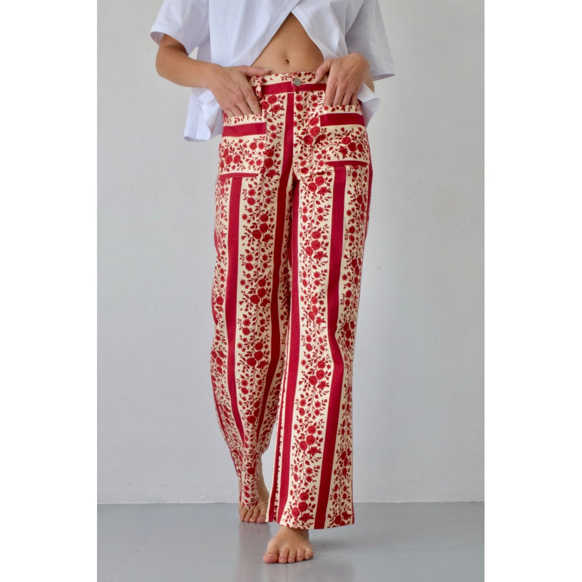 Jean droit bandes fleuries VALERIA rouge, MINDTRAVELER