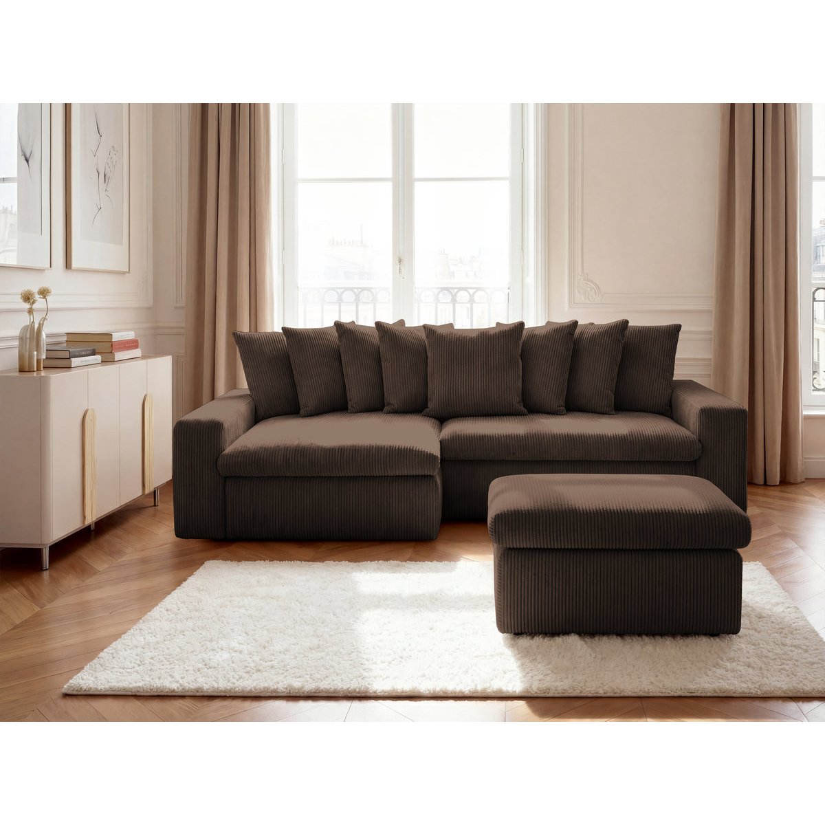 Canapé d'angle fixe 3 places en velours côtelé avec pouf, ENORE marron, BOBOCHIC