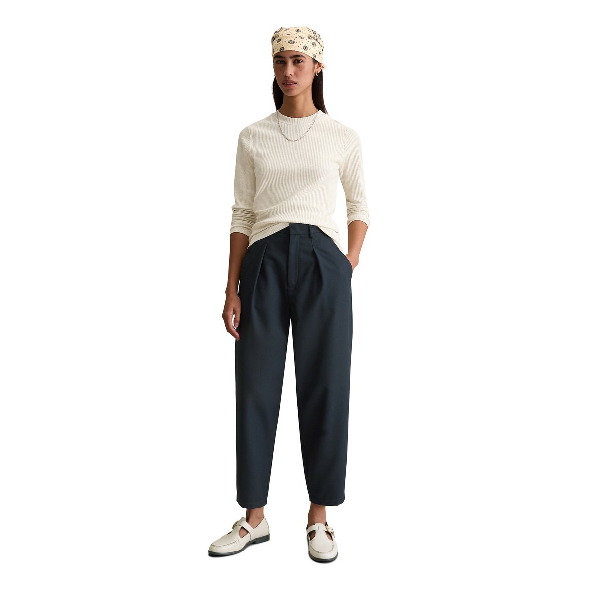 T-shirt long en jersey côtelé slim en coton bio mélangé et élastique blanc naturel, MARC O’POLO DENIM