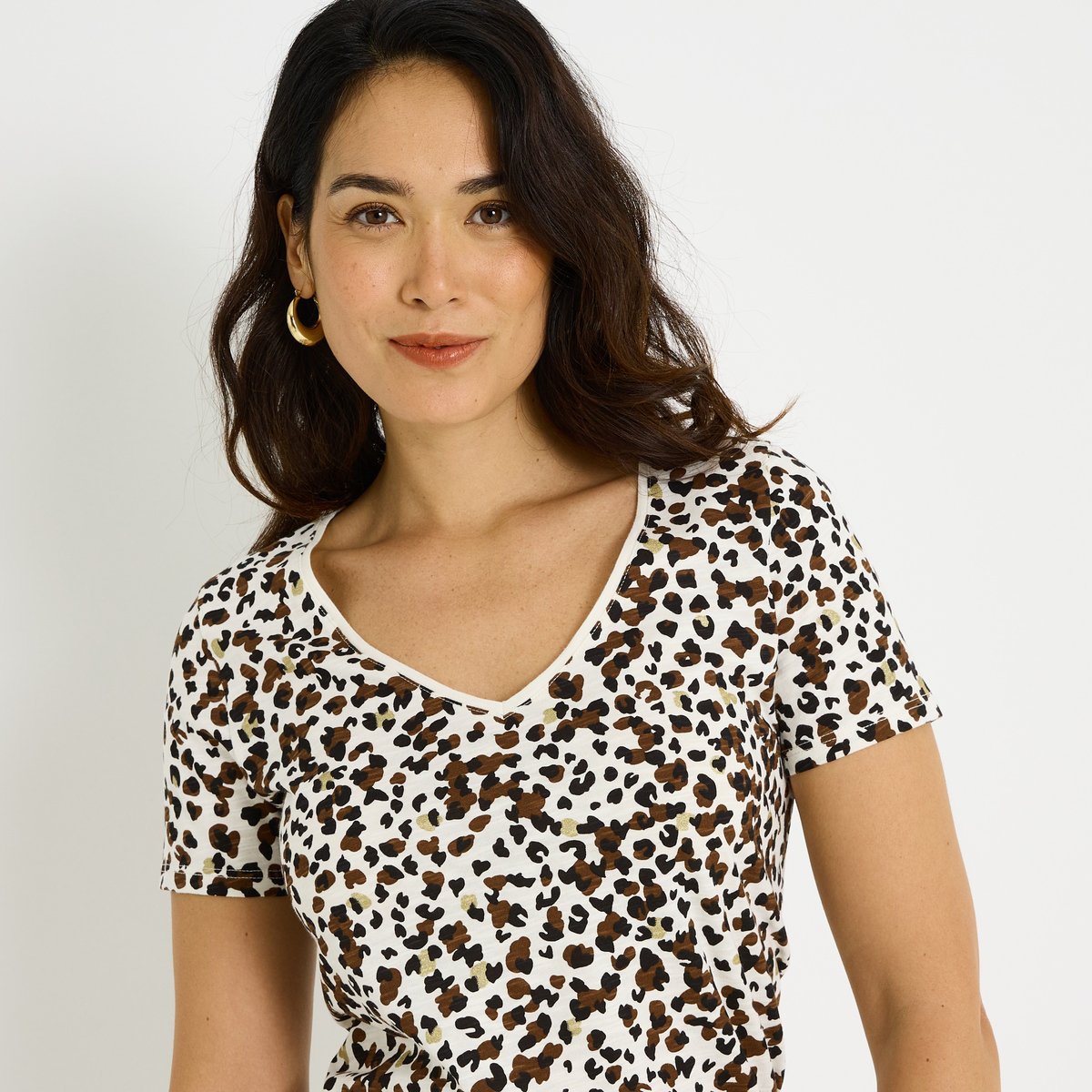 T-shirt col V imprimé beige, GRAIN DE MALICE