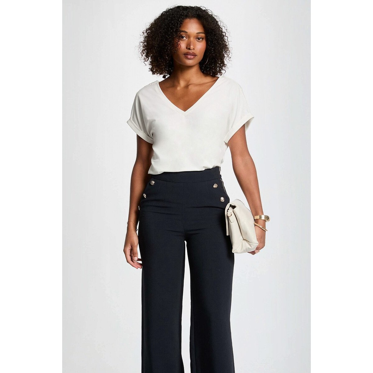 T-shirt manches courtes dos broderies ajourées off white, MORGAN