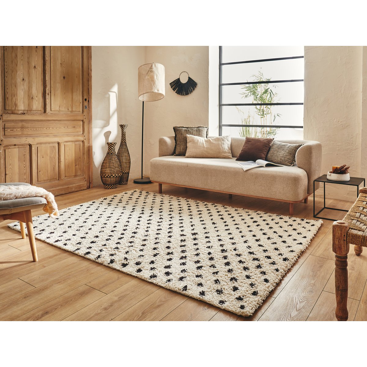 Tapis de salon à poids laine artificielle ASMA crème, NAZAR RUGS