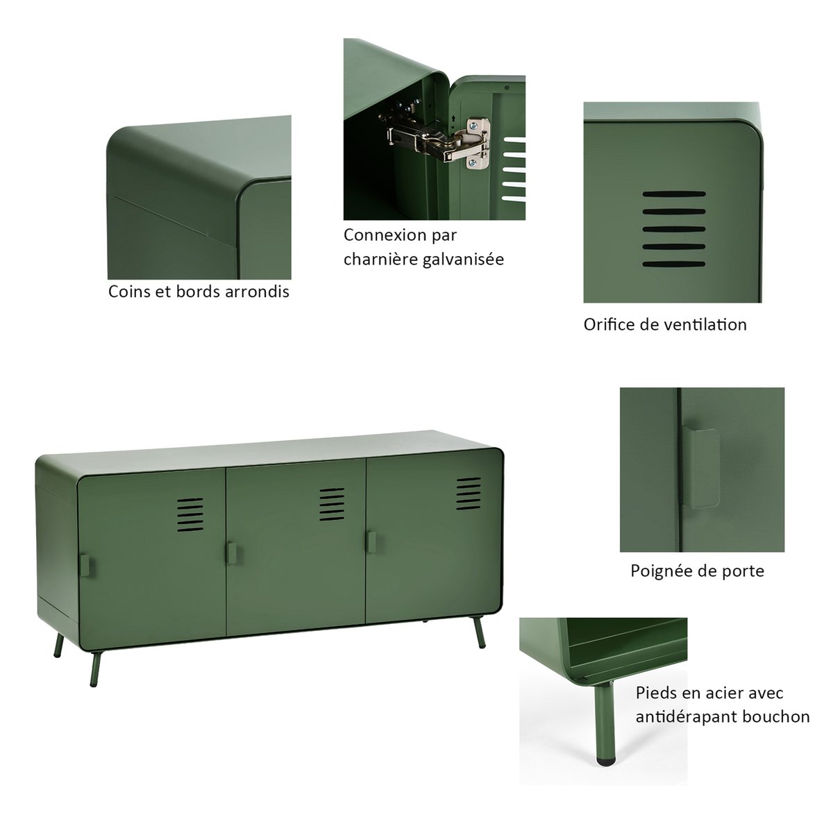 Armoire de rangement avec 3 portes et 2 couches en métal industriel, WALNUTCABINET vert foncé, MEUBLES COSY